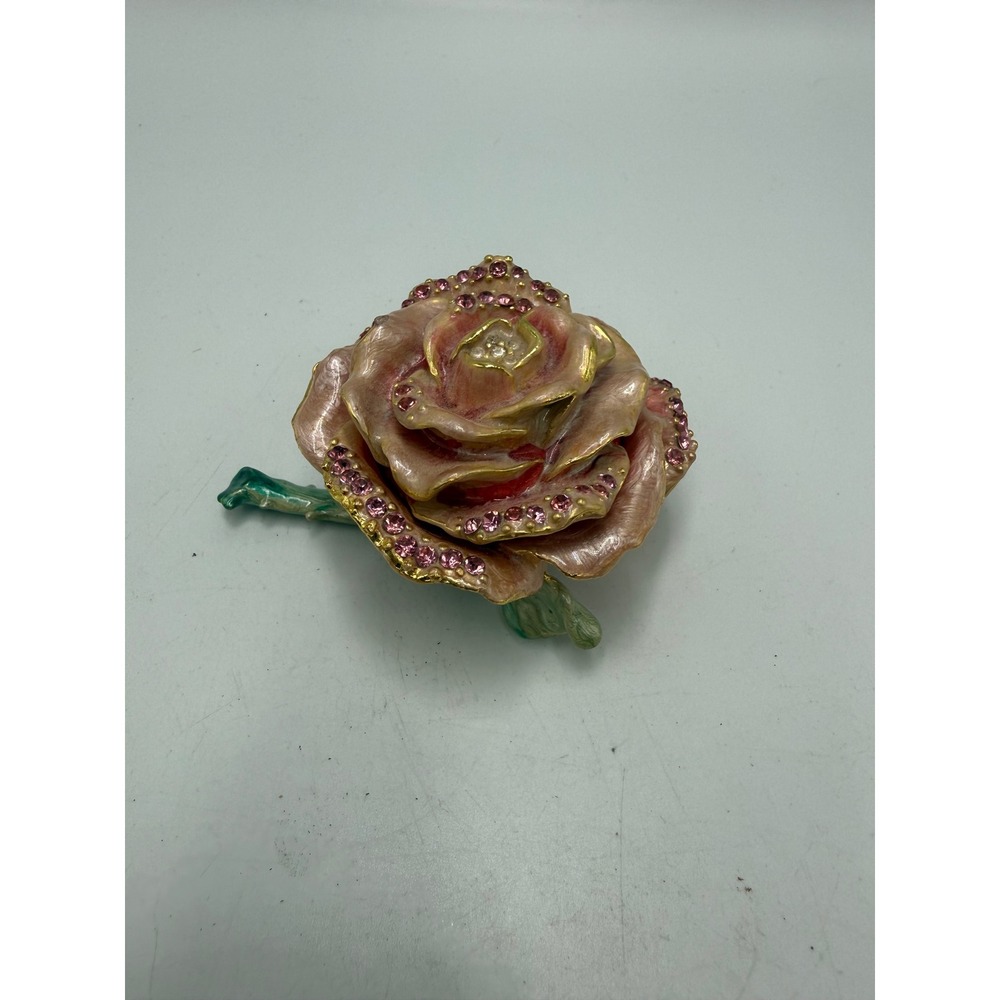 Vintage Pink Enameled Rose Trinket Box Rhinestone Accents Floral Jewelry Box